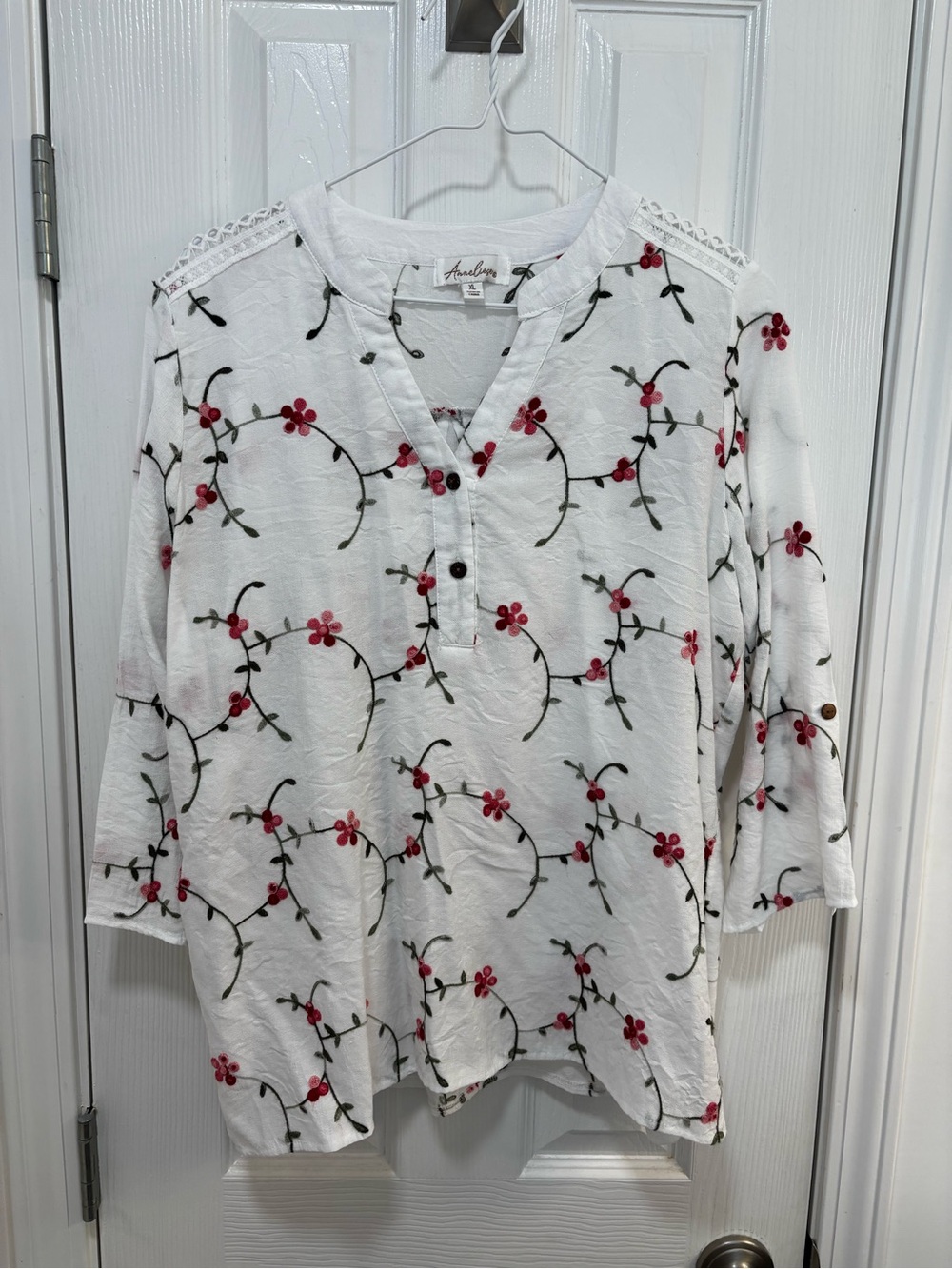 Embroidered Red, Pink, and Green Floral White V-Neck Tunic Top with Sleeves